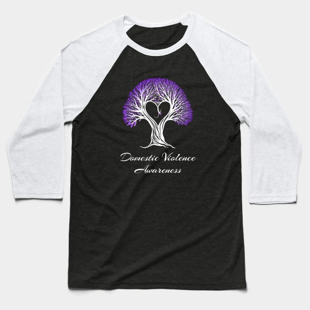 Domestic Violence Awareness Purple Ribbon Tree With Heart Baseball T-Shirt by MerchAndrey